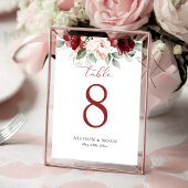 バーガンディと赤面ピンクのフローラシーティングテーブルカード テーブルナンバー