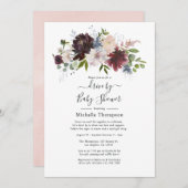 バーガンディと赤面ピンクのフローラドライブでシャワー 招待状 (正面/裏面)