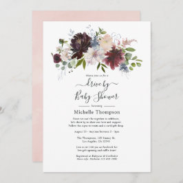 バーガンディと赤面ピンクのフローラドライブでシャワー 招待状