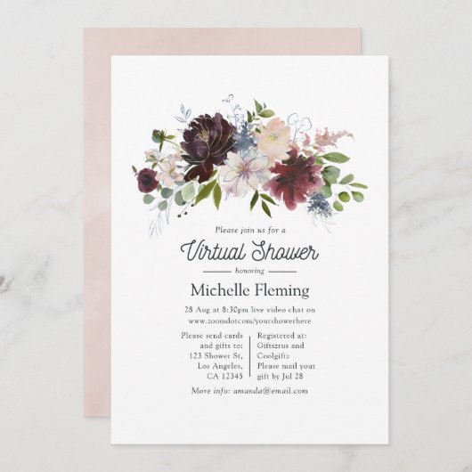 バーガンディと赤面ピンクフローラバーチャルベビーシャワー 招待状 (正面/裏面)