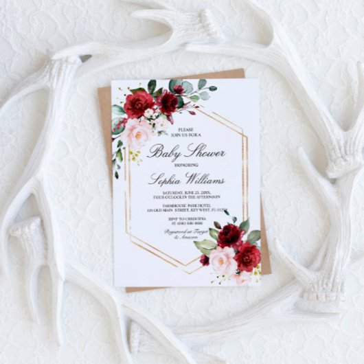 バーガンディと赤面ピンクローズベビーシャワー 招待状