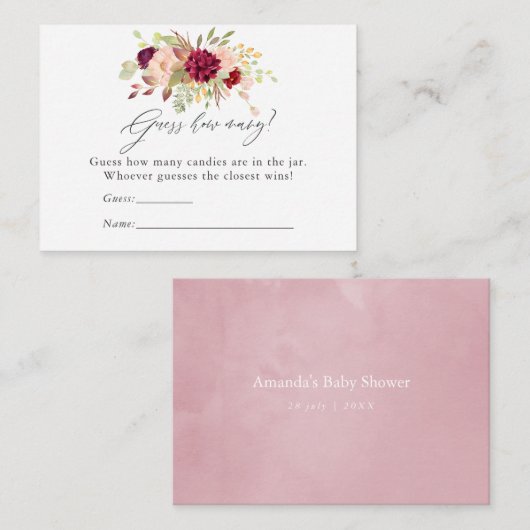 バーガンディと赤面フローラベビーシャワーキャンディーゲーム エンクロージャーカード (正面/裏面)