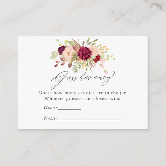 バーガンディと赤面フローラベビーシャワーキャンディーゲーム エンクロージャーカード (正面)