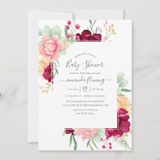 バーガンディと赤面フローラベビーシャワー 招待状 (正面)