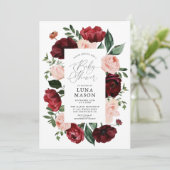 バーガンディと赤面水彩フローラベビーシャワー 招待状 (スタンド正面)