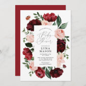 バーガンディと赤面水彩フローラベビーシャワー 招待状 (正面/裏面)