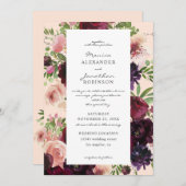 バーガンディと赤面結婚フローラのPink V2 招待状 (正面/裏面)