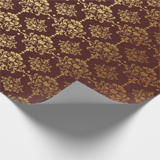 バーガンディと金の箔ダマスククリスマス ラッピングペーパー (角)