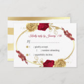 バーガンディと金ゴールドの花と葉金ゴールドのRSVPカード 出欠カード (正面/裏面)