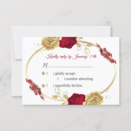 バーガンディと金ゴールドの花と葉金ゴールドのRSVPカード 出欠カード