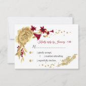 バーガンディと金ゴールドの花と離れ金ゴールド 出欠カード (正面)