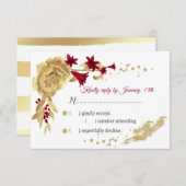 バーガンディと金ゴールドの花と離れ金ゴールド 出欠カード (正面/裏面)