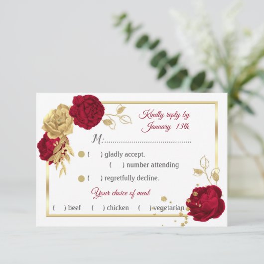 バーガンディと金ゴールドの花の幾何学的食事の選択 出欠カード (スタンド正面)