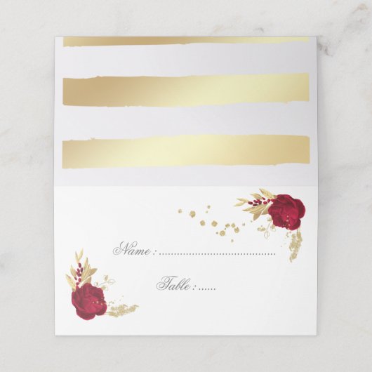 バーガンディと金ゴールドの花エレガント座席表 プレイスカード (外部開封)