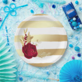 バーガンディと金ゴールドの花 ペーパープレート (パーティー)