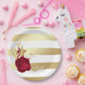 バーガンディと金ゴールドの花 ペーパープレート (パーティー)