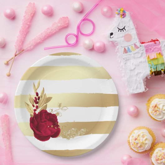 バーガンディと金ゴールドの花 ペーパープレート (パーティー)