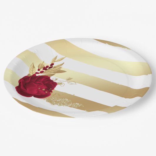 バーガンディと金ゴールドの花 ペーパープレート (アングル)