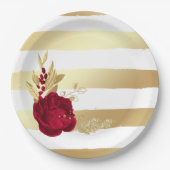 バーガンディと金ゴールドの花 ペーパープレート (正面)