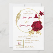 バーガンディと金ゴールドエレガントの花結婚のリース 招待状 (正面)
