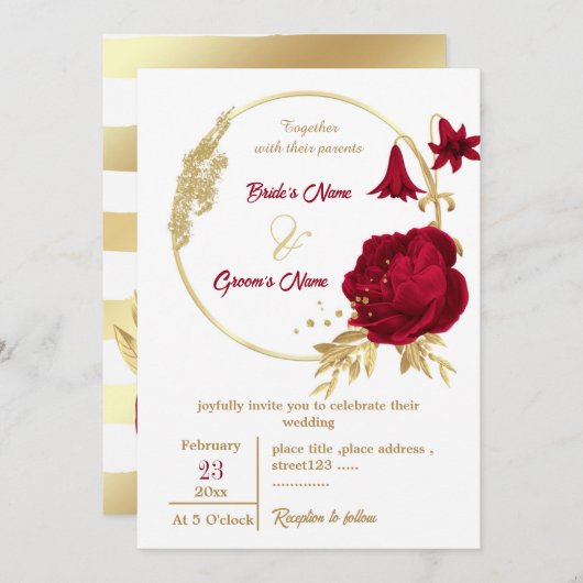 バーガンディと金ゴールドエレガントの花結婚のリース 招待状 (正面/裏面)