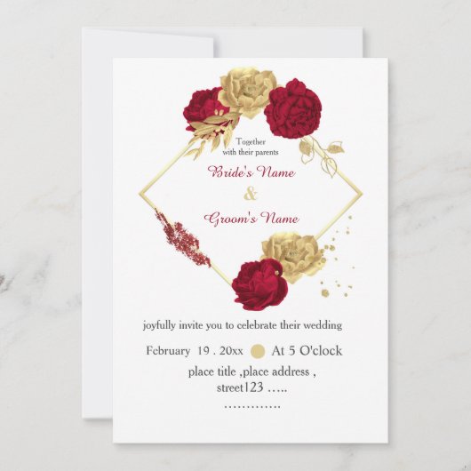 バーガンディと金ゴールドエレガントの花結婚幾何学模様 招待状 (正面)