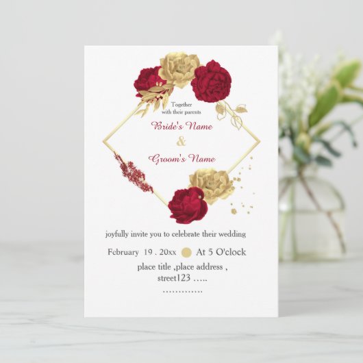 バーガンディと金ゴールドエレガントの花結婚幾何学模様 招待状 (スタンド正面)