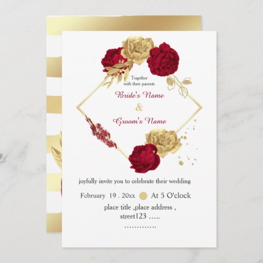 バーガンディと金ゴールドエレガントの花結婚幾何学模様 招待状 (正面/裏面)