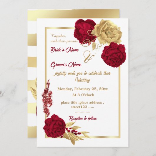 バーガンディと金ゴールドエレガントの花結婚幾何学模様 招待状 (正面/裏面)