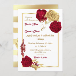 バーガンディと金ゴールドエレガントの花結婚幾何学模様 招待状