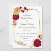 バーガンディと金ゴールドエレガントの花結婚幾何学模様 招待状 (正面)