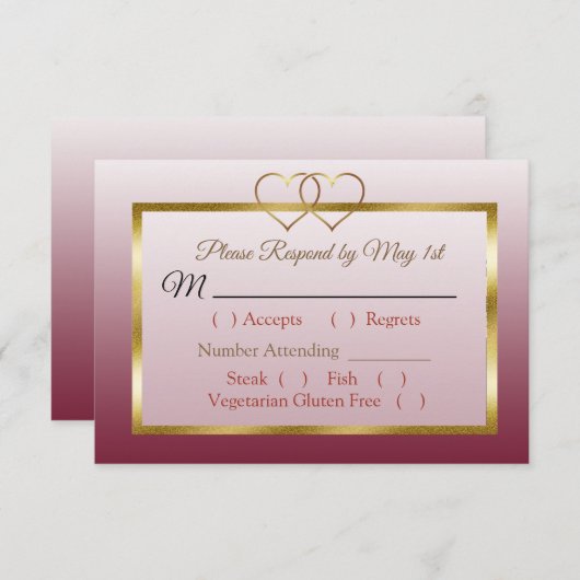 バーガンディと金ゴールドグラディエントウェディングRSVPカード 出欠カード (正面/裏面)