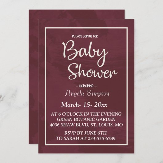 バーガンディと金ゴールドグリッターポケットベビーシャワー 招待状 (正面/裏面)