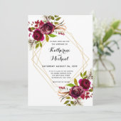 バーガンディと金ゴールド幾何結婚式招待状。 招待状 (スタンド正面)