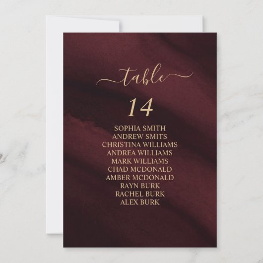 バーガンディと金ゴールド書道座席表カード 招待状 (裏面)