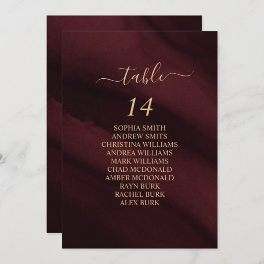 バーガンディと金ゴールド書道座席表カード 招待状 (正面/裏面)