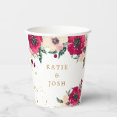 バーガンディと金ゴールド水彩フローラ紙カップ 紙コップ (正面)