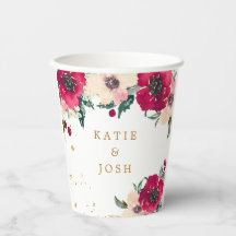 バーガンディと金ゴールド水彩フローラ紙カップ