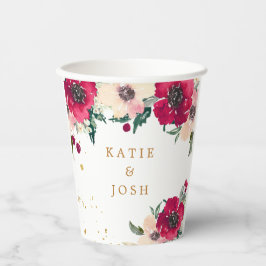 バーガンディと金ゴールド水彩フローラ紙カップ 紙コップ