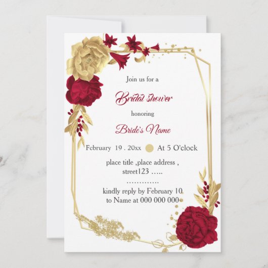 バーガンディと金ゴールド花ジオメトリックブライダルシャワー 招待状 (正面)