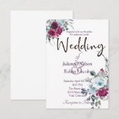 バーガンディと青の水彩花の結婚式招待状 招待状 (正面/裏面)