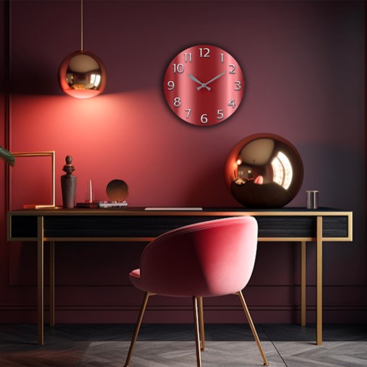 バーガンディのあずき色の銀製灰色の金属アラビア数字 ラージ壁時計