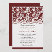 バーガンディのえんじ色のレースのエレガントな結婚式招待状 招待状 (正面/裏面)
