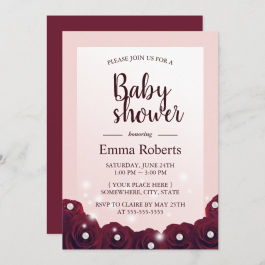 バーガンディのばら色の真珠の花の赤面のピンクのベビーシャワー 招待状 (正面/裏面)