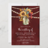 バーガンディのひまわり メイソンジャー オールインワン ウェディング 招待状 (正面)