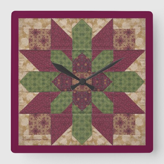 バーガンディのキルトにされた緑の星 スクエア壁時計 (正面)