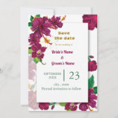 バーガンディのハイビスカスの花とバラのSave the Date 招待状 (正面)