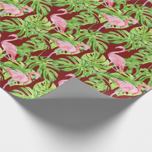 バーガンディのピンクのフラミンゴ葉トロピカル ラッピングペーパー (角)