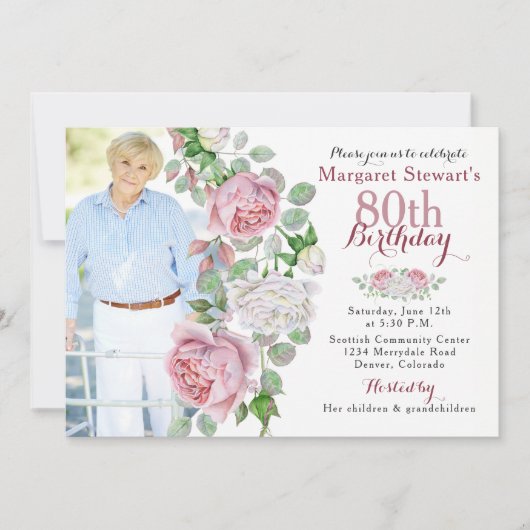 バーガンディのピンクの国のばら色の写真の第80誕生日 招待状 (正面)