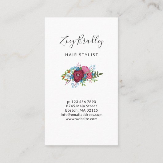 バーガンディのピンクの青い花束は美容師を切ります 名刺 (裏面)